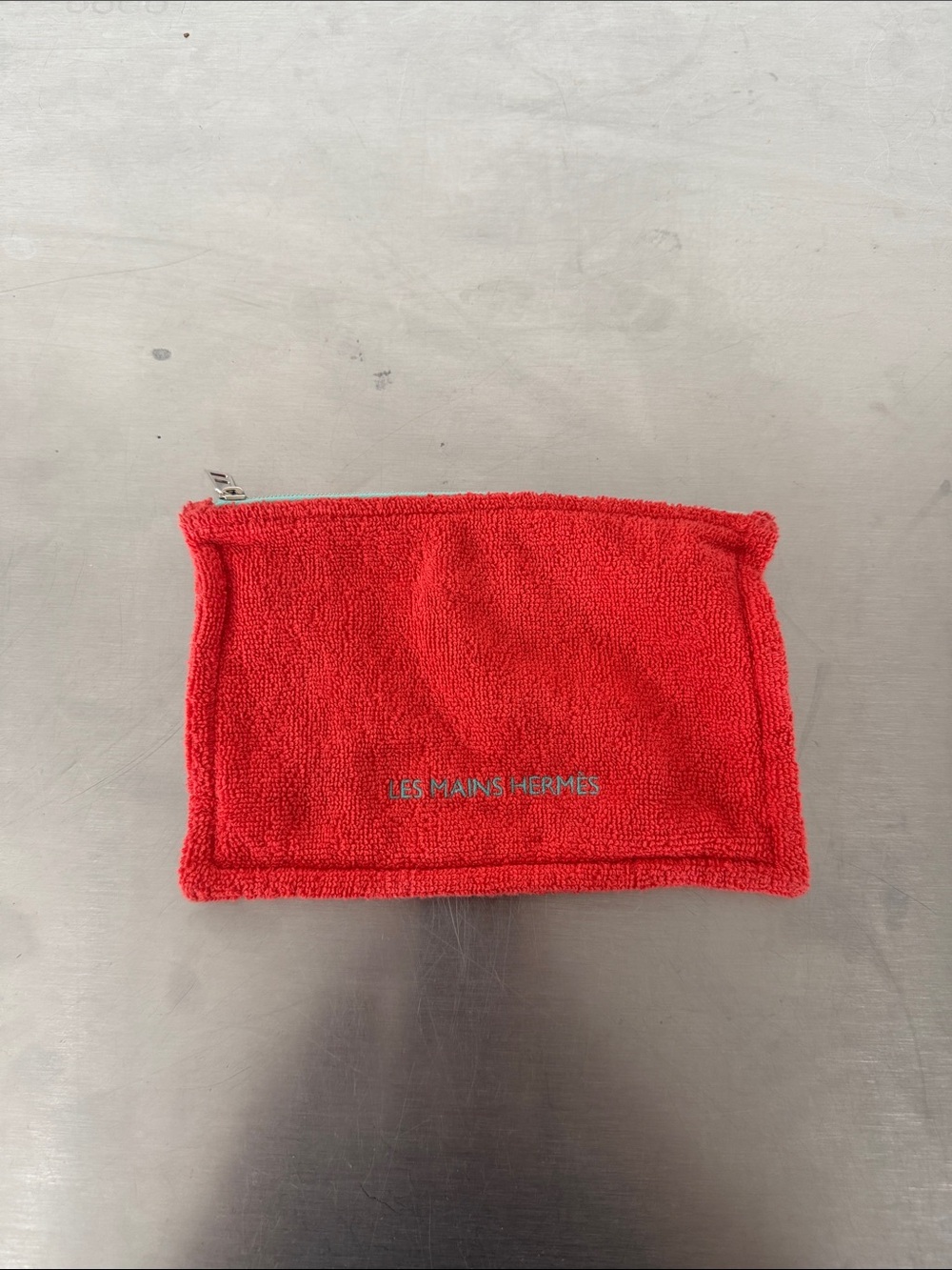 Hermes Coral Red Terry Cloth Zip Pouch with Mint Trim